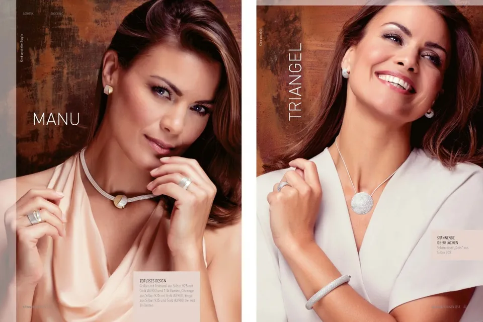 Katalog-Doppelseite mit Model und Ringen